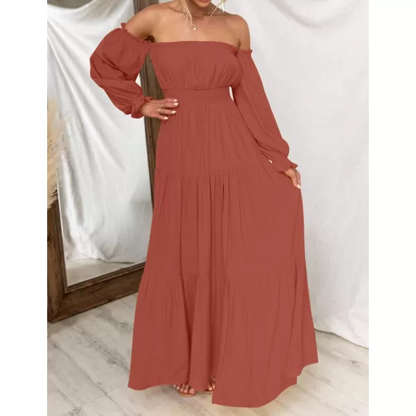 imageZESICA Womens 2023 Boho Sexy Off Shoulder Long Sleeve Smocked High Waist Side Split Flowy A Line Tiered Long Maxi DressRust