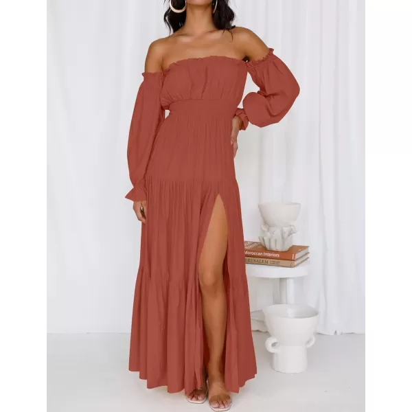 imageZESICA Womens 2023 Boho Sexy Off Shoulder Long Sleeve Smocked High Waist Side Split Flowy A Line Tiered Long Maxi DressRust