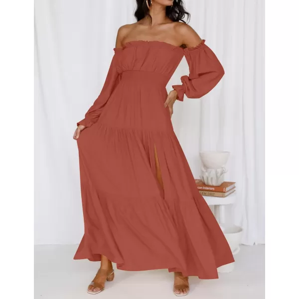 imageZESICA Womens 2023 Boho Sexy Off Shoulder Long Sleeve Smocked High Waist Side Split Flowy A Line Tiered Long Maxi DressRust