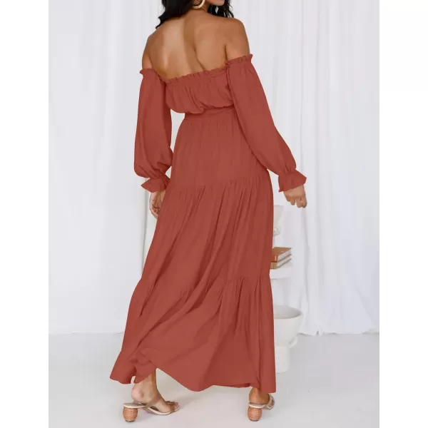 imageZESICA Womens 2023 Boho Sexy Off Shoulder Long Sleeve Smocked High Waist Side Split Flowy A Line Tiered Long Maxi DressRust
