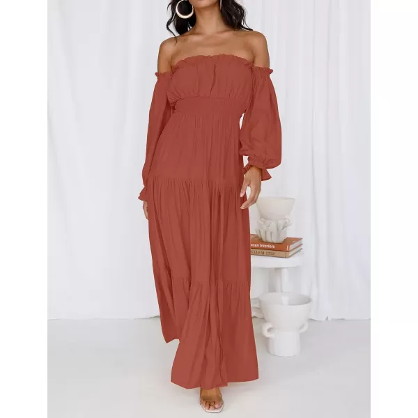 imageZESICA Womens 2023 Boho Sexy Off Shoulder Long Sleeve Smocked High Waist Side Split Flowy A Line Tiered Long Maxi DressRust