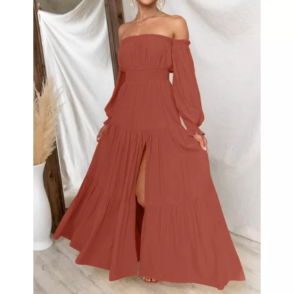 imageZESICA Womens 2023 Boho Sexy Off Shoulder Long Sleeve Smocked High Waist Side Split Flowy A Line Tiered Long Maxi DressRust