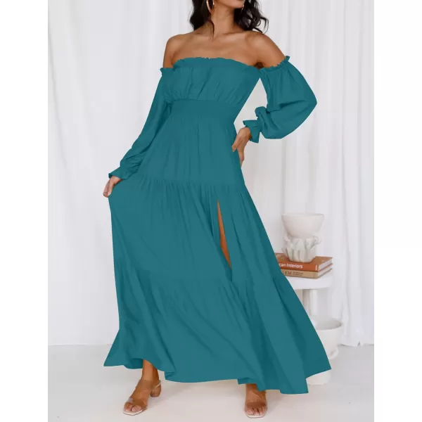 imageZESICA Womens 2023 Boho Sexy Off Shoulder Long Sleeve Smocked High Waist Side Split Flowy A Line Tiered Long Maxi DressTeal