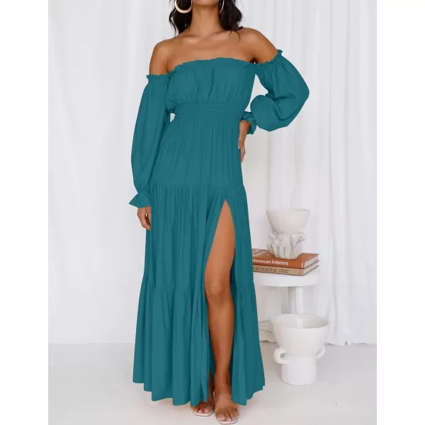 imageZESICA Womens 2023 Boho Sexy Off Shoulder Long Sleeve Smocked High Waist Side Split Flowy A Line Tiered Long Maxi DressTeal