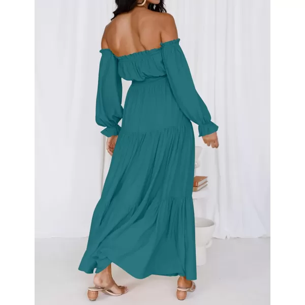 imageZESICA Womens 2023 Boho Sexy Off Shoulder Long Sleeve Smocked High Waist Side Split Flowy A Line Tiered Long Maxi DressTeal
