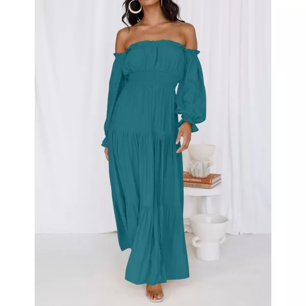 imageZESICA Womens 2023 Boho Sexy Off Shoulder Long Sleeve Smocked High Waist Side Split Flowy A Line Tiered Long Maxi DressTeal
