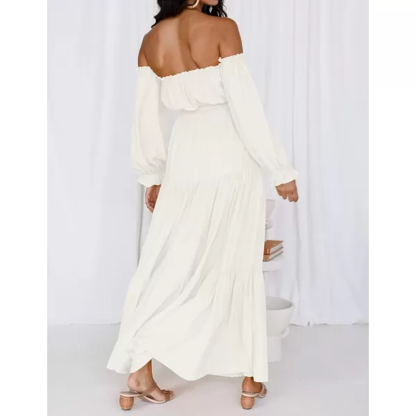 imageZESICA Womens 2023 Boho Sexy Off Shoulder Long Sleeve Smocked High Waist Side Split Flowy A Line Tiered Long Maxi DressWhite