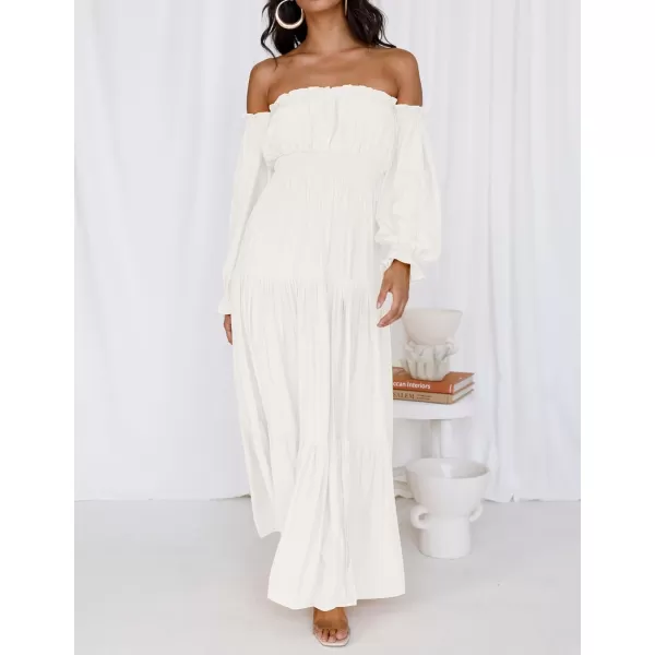 imageZESICA Womens 2023 Boho Sexy Off Shoulder Long Sleeve Smocked High Waist Side Split Flowy A Line Tiered Long Maxi DressWhite