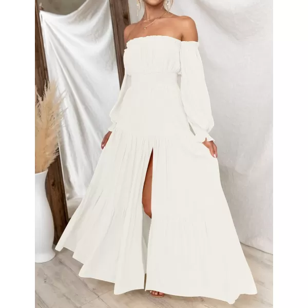 imageZESICA Womens 2023 Boho Sexy Off Shoulder Long Sleeve Smocked High Waist Side Split Flowy A Line Tiered Long Maxi DressWhite
