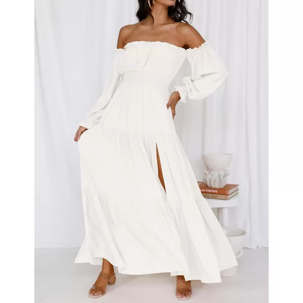 imageZESICA Womens 2023 Boho Sexy Off Shoulder Long Sleeve Smocked High Waist Side Split Flowy A Line Tiered Long Maxi DressWhite
