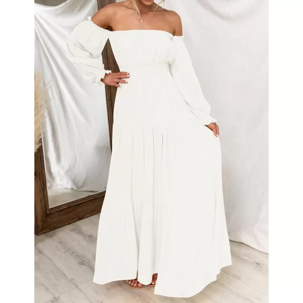 imageZESICA Womens 2023 Boho Sexy Off Shoulder Long Sleeve Smocked High Waist Side Split Flowy A Line Tiered Long Maxi DressWhite