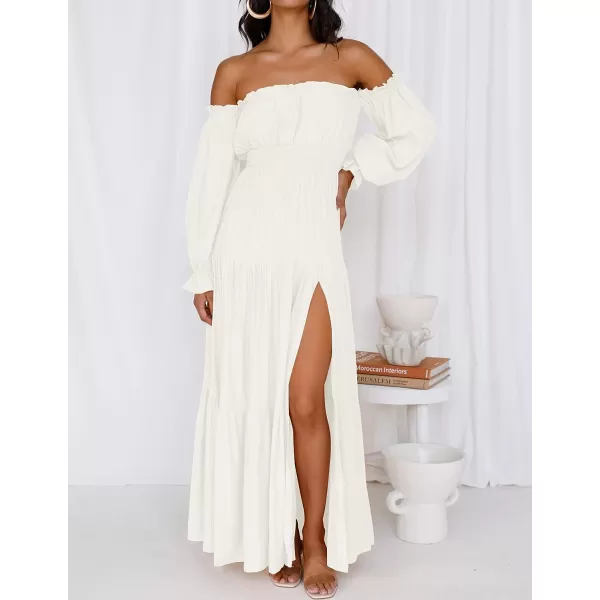 imageZESICA Womens 2023 Boho Sexy Off Shoulder Long Sleeve Smocked High Waist Side Split Flowy A Line Tiered Long Maxi DressWhite