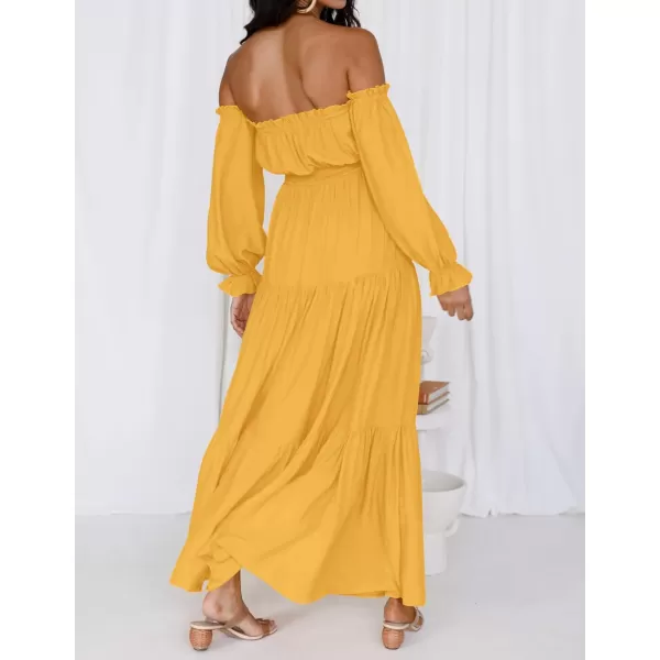 imageZESICA Womens 2023 Boho Sexy Off Shoulder Long Sleeve Smocked High Waist Side Split Flowy A Line Tiered Long Maxi DressYellow