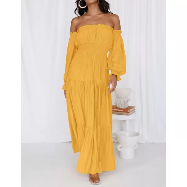 imageZESICA Womens 2023 Boho Sexy Off Shoulder Long Sleeve Smocked High Waist Side Split Flowy A Line Tiered Long Maxi DressYellow