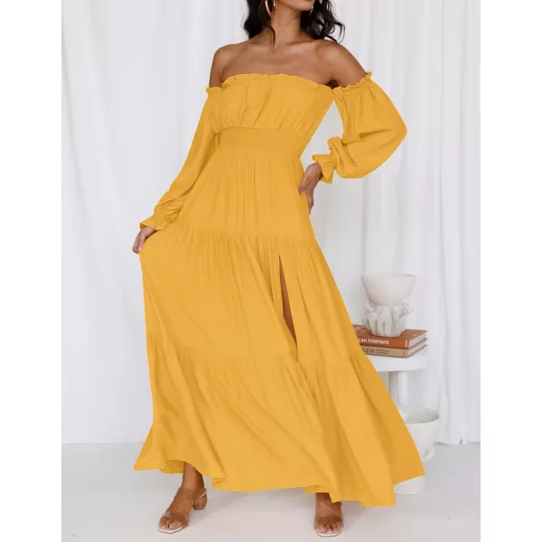 imageZESICA Womens 2023 Boho Sexy Off Shoulder Long Sleeve Smocked High Waist Side Split Flowy A Line Tiered Long Maxi DressYellow