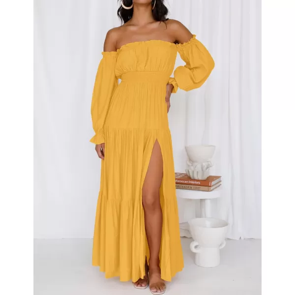 imageZESICA Womens 2023 Boho Sexy Off Shoulder Long Sleeve Smocked High Waist Side Split Flowy A Line Tiered Long Maxi DressYellow