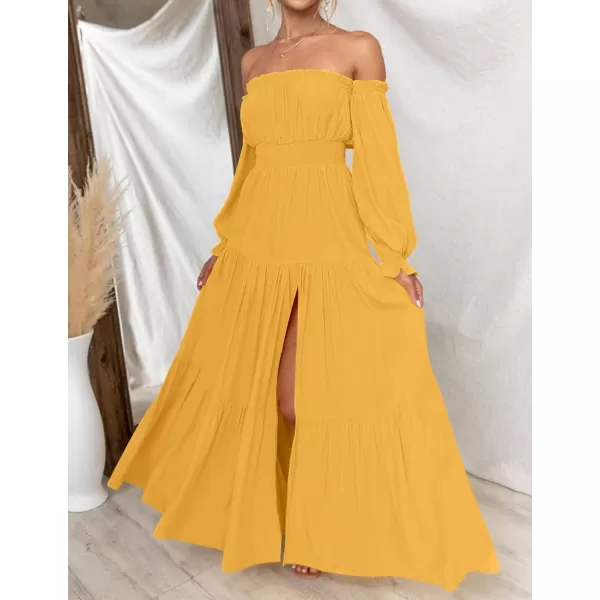 imageZESICA Womens 2023 Boho Sexy Off Shoulder Long Sleeve Smocked High Waist Side Split Flowy A Line Tiered Long Maxi DressYellow