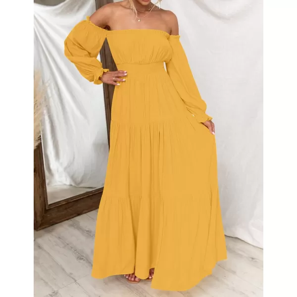 imageZESICA Womens 2023 Boho Sexy Off Shoulder Long Sleeve Smocked High Waist Side Split Flowy A Line Tiered Long Maxi DressYellow