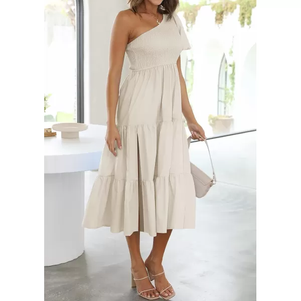 imageZESICA Womens 2023 Boho Summer One Shoulder Short Sleeve Smocked Side Split Ruffle Swing Midi DressApricot