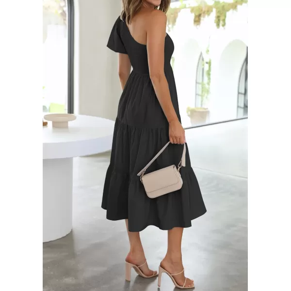 imageZESICA Womens 2023 Boho Summer One Shoulder Short Sleeve Smocked Side Split Ruffle Swing Midi DressBlack