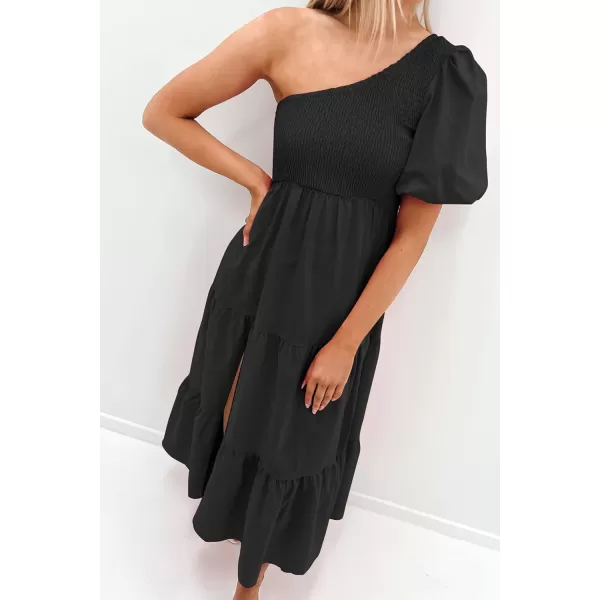 imageZESICA Womens 2023 Boho Summer One Shoulder Short Sleeve Smocked Side Split Ruffle Swing Midi DressBlack