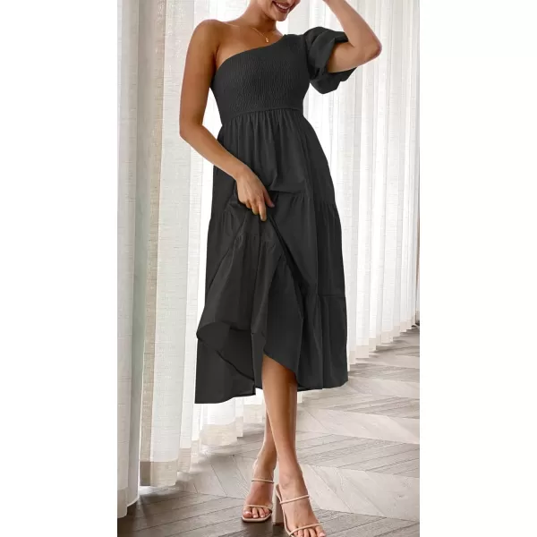 imageZESICA Womens 2023 Boho Summer One Shoulder Short Sleeve Smocked Side Split Ruffle Swing Midi DressBlack