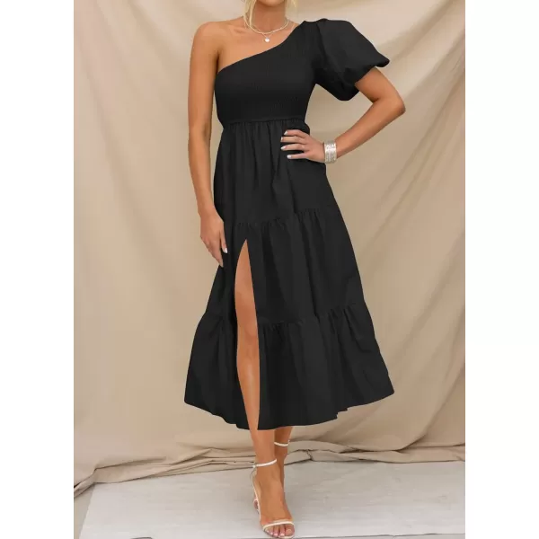 imageZESICA Womens 2023 Boho Summer One Shoulder Short Sleeve Smocked Side Split Ruffle Swing Midi DressBlack