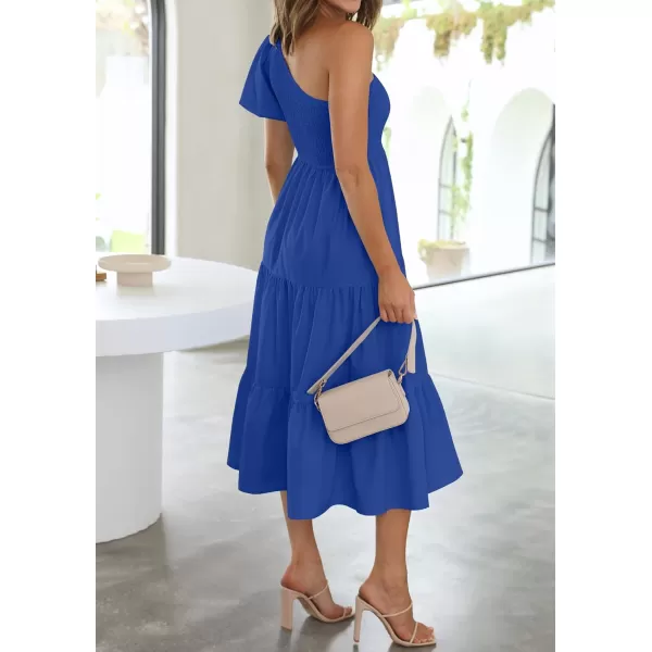 imageZESICA Womens 2023 Boho Summer One Shoulder Short Sleeve Smocked Side Split Ruffle Swing Midi DressBlue