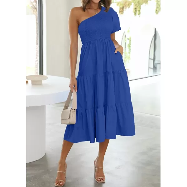 imageZESICA Womens 2023 Boho Summer One Shoulder Short Sleeve Smocked Side Split Ruffle Swing Midi DressBlue