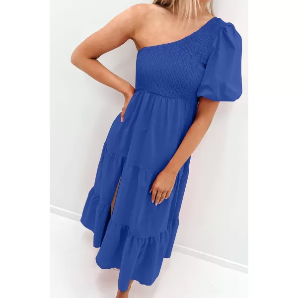 imageZESICA Womens 2023 Boho Summer One Shoulder Short Sleeve Smocked Side Split Ruffle Swing Midi DressBlue