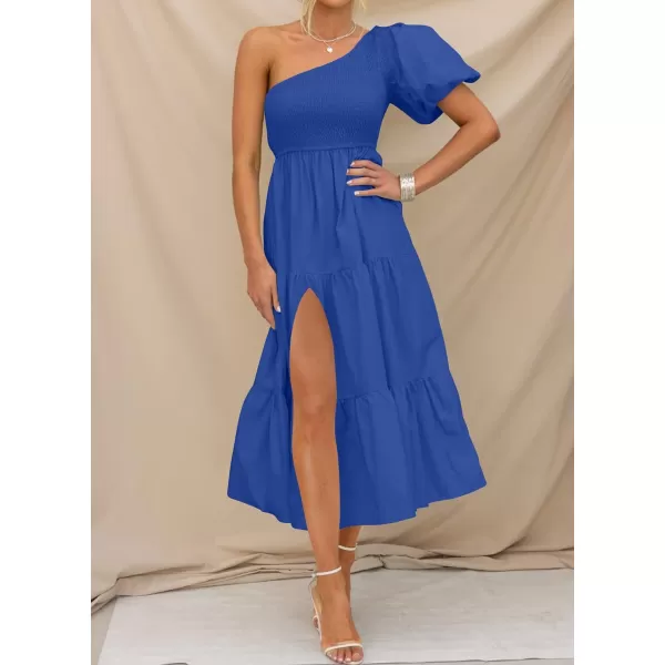 imageZESICA Womens 2023 Boho Summer One Shoulder Short Sleeve Smocked Side Split Ruffle Swing Midi DressBlue