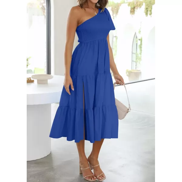 imageZESICA Womens 2023 Boho Summer One Shoulder Short Sleeve Smocked Side Split Ruffle Swing Midi DressBlue