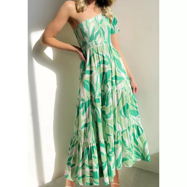 imageZESICA Womens 2023 Boho Summer One Shoulder Short Sleeve Smocked Side Split Ruffle Swing Midi DressBrightgreen