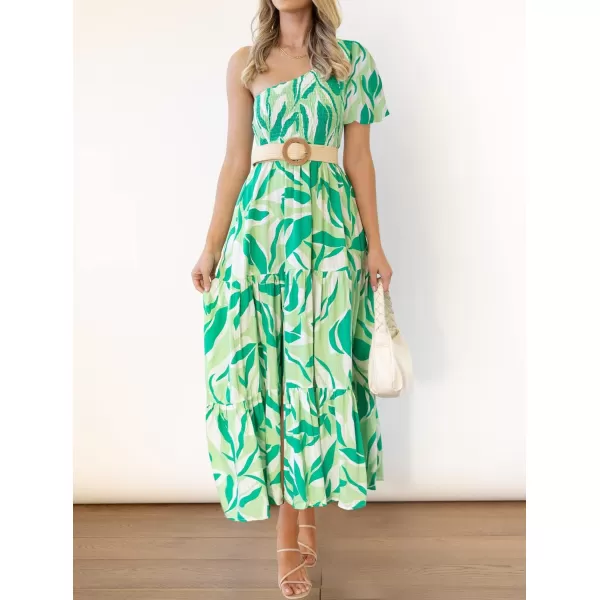 imageZESICA Womens 2023 Boho Summer One Shoulder Short Sleeve Smocked Side Split Ruffle Swing Midi DressBrightgreen