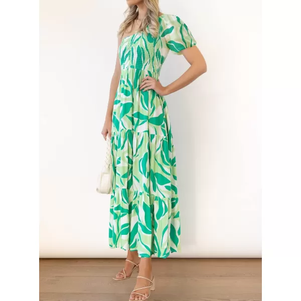 imageZESICA Womens 2023 Boho Summer One Shoulder Short Sleeve Smocked Side Split Ruffle Swing Midi DressBrightgreen