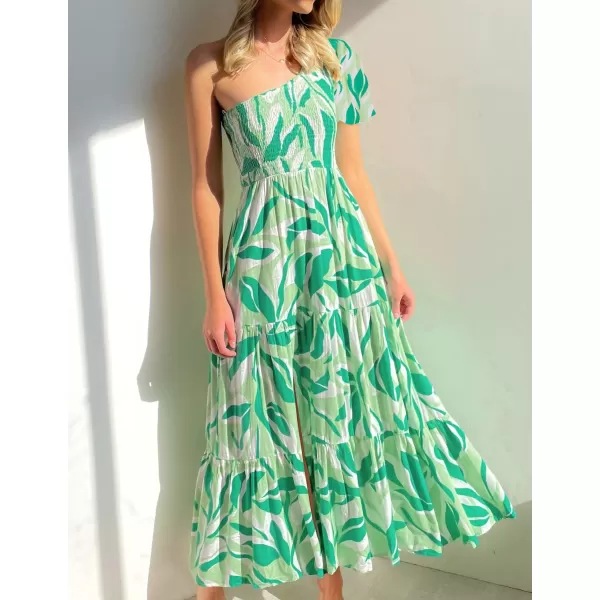 imageZESICA Womens 2023 Boho Summer One Shoulder Short Sleeve Smocked Side Split Ruffle Swing Midi DressBrightgreen
