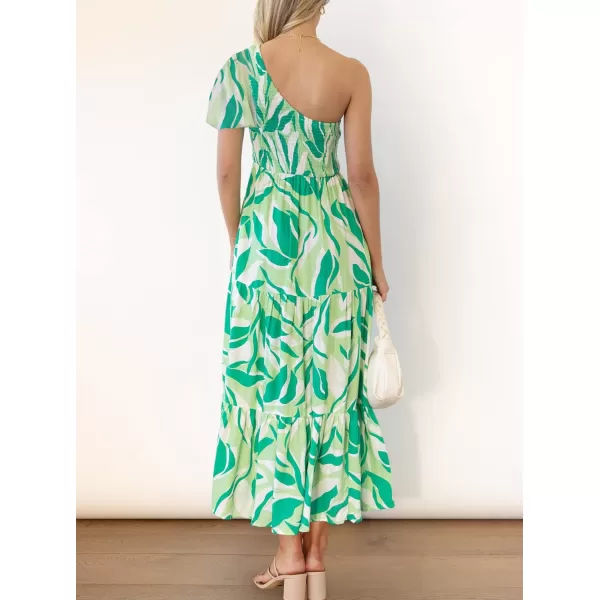 imageZESICA Womens 2023 Boho Summer One Shoulder Short Sleeve Smocked Side Split Ruffle Swing Midi DressBrightgreen
