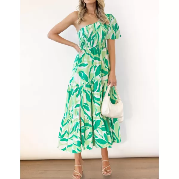 imageZESICA Womens 2023 Boho Summer One Shoulder Short Sleeve Smocked Side Split Ruffle Swing Midi DressBrightgreen