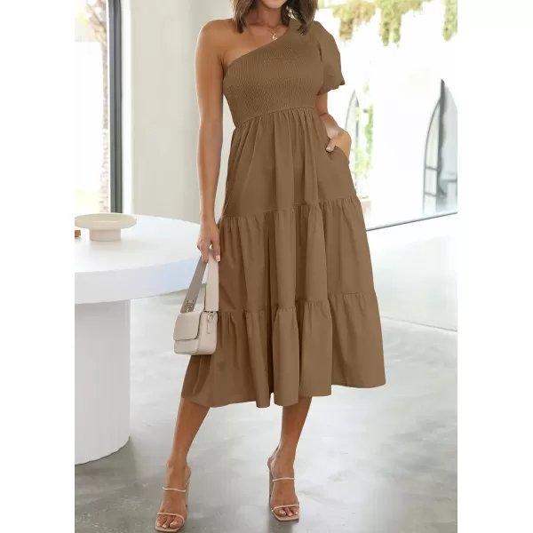 imageZESICA Womens 2023 Boho Summer One Shoulder Short Sleeve Smocked Side Split Ruffle Swing Midi DressBrown