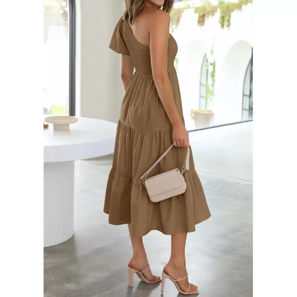 imageZESICA Womens 2023 Boho Summer One Shoulder Short Sleeve Smocked Side Split Ruffle Swing Midi DressBrown