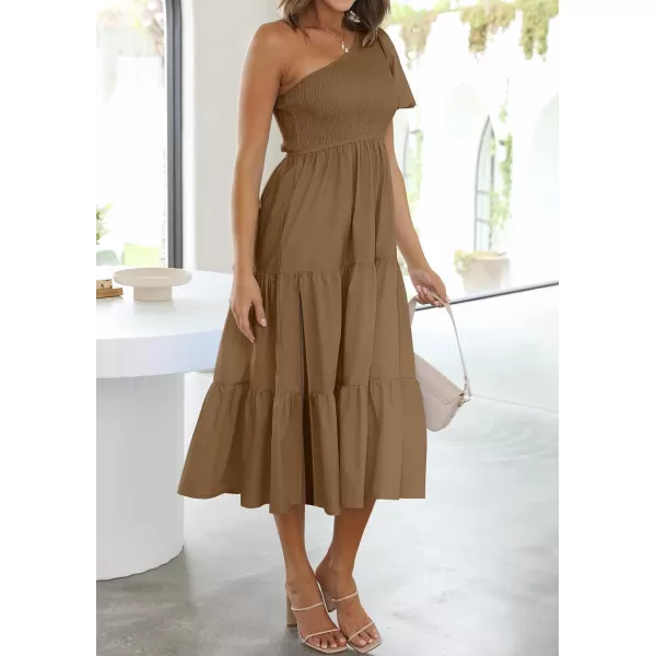 imageZESICA Womens 2023 Boho Summer One Shoulder Short Sleeve Smocked Side Split Ruffle Swing Midi DressBrown