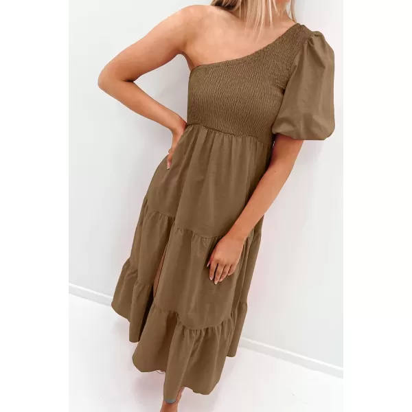 imageZESICA Womens 2023 Boho Summer One Shoulder Short Sleeve Smocked Side Split Ruffle Swing Midi DressBrown
