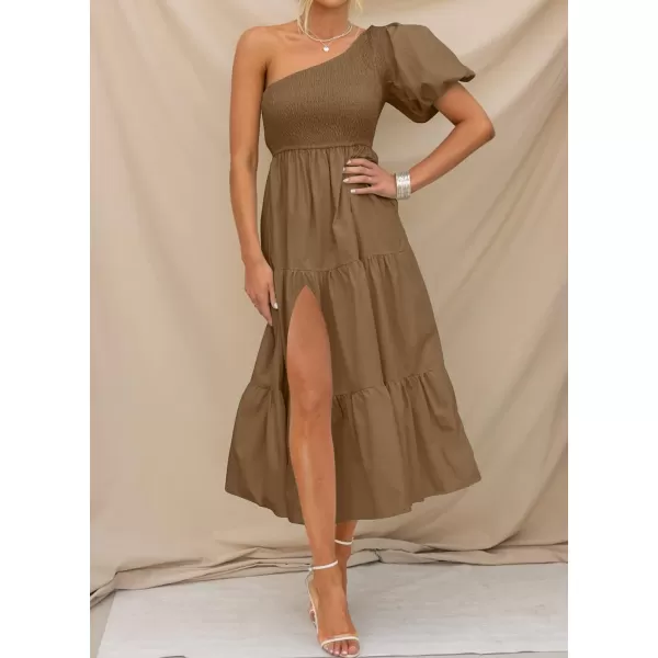 imageZESICA Womens 2023 Boho Summer One Shoulder Short Sleeve Smocked Side Split Ruffle Swing Midi DressBrown