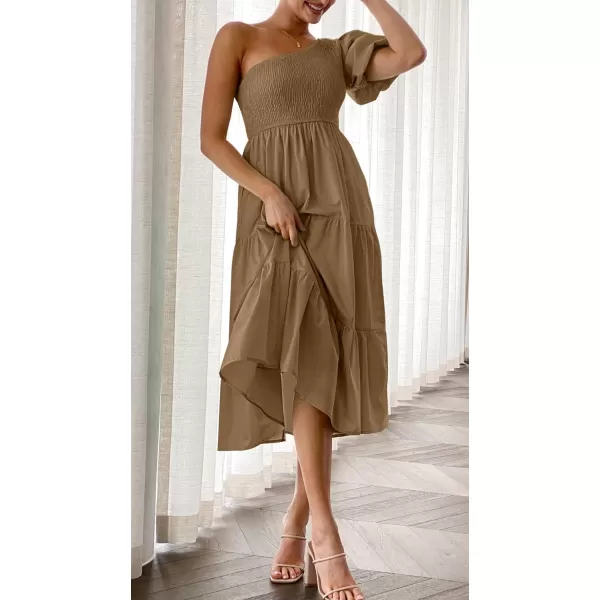 imageZESICA Womens 2023 Boho Summer One Shoulder Short Sleeve Smocked Side Split Ruffle Swing Midi DressBrown