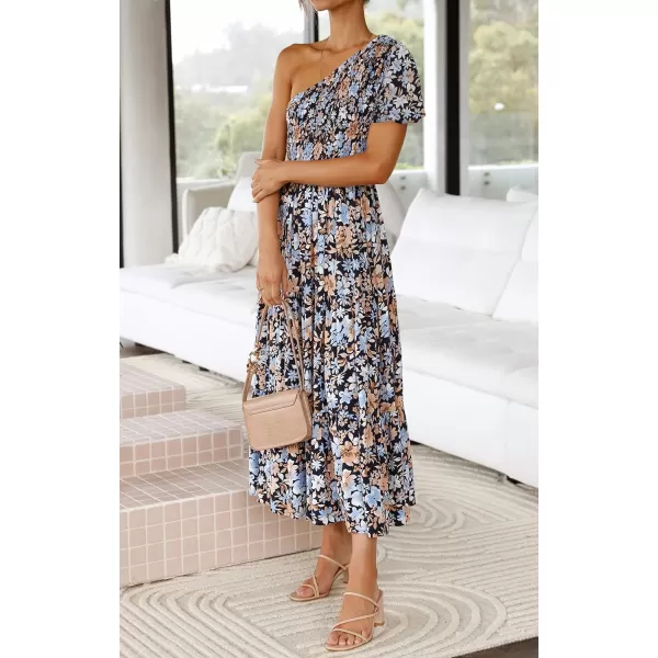 imageZESICA Womens 2023 Boho Summer One Shoulder Short Sleeve Smocked Side Split Ruffle Swing Midi DressCarbon