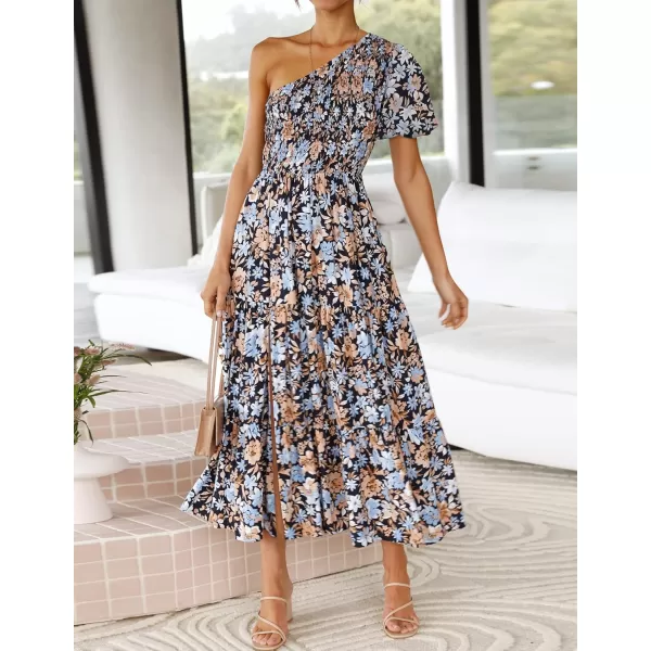 imageZESICA Womens 2023 Boho Summer One Shoulder Short Sleeve Smocked Side Split Ruffle Swing Midi DressCarbon