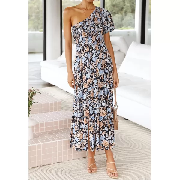 imageZESICA Womens 2023 Boho Summer One Shoulder Short Sleeve Smocked Side Split Ruffle Swing Midi DressCarbon