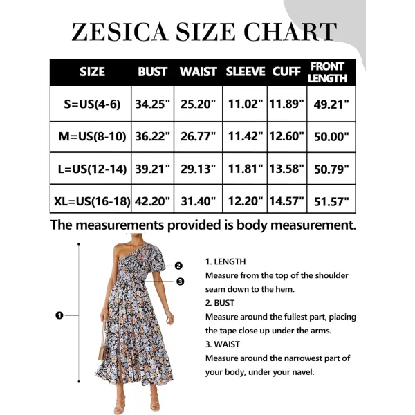 imageZESICA Womens 2023 Boho Summer One Shoulder Short Sleeve Smocked Side Split Ruffle Swing Midi DressCarbon