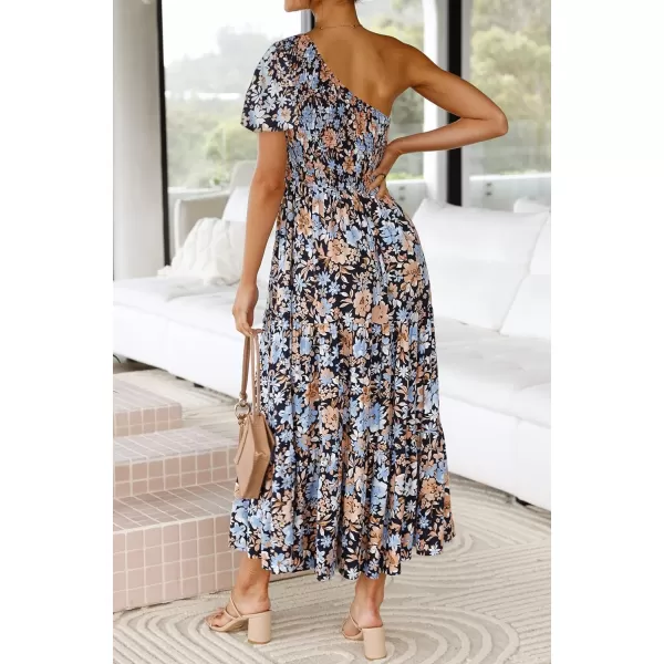 imageZESICA Womens 2023 Boho Summer One Shoulder Short Sleeve Smocked Side Split Ruffle Swing Midi DressCarbon
