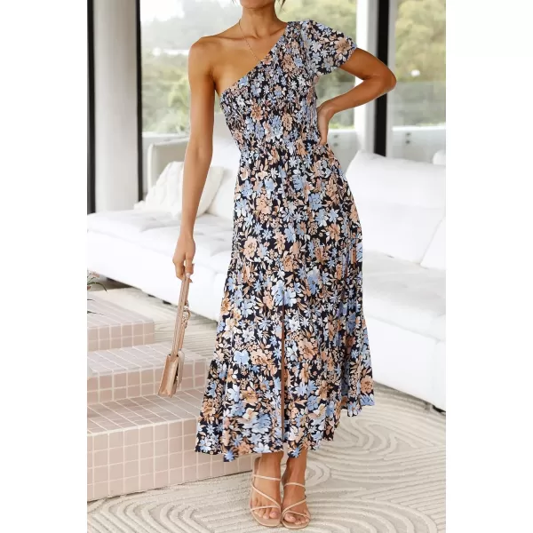 imageZESICA Womens 2023 Boho Summer One Shoulder Short Sleeve Smocked Side Split Ruffle Swing Midi DressCarbon